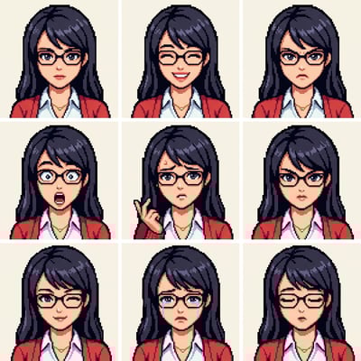 Game character art in pixel art rpg style of a woman with glasses showing various emotions like surprise, anger, and sadness.