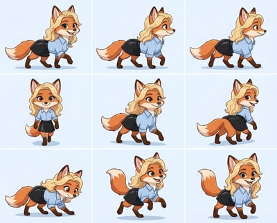 Character design tools show an anthropomorphic fox in an animal walk cycle sheet, dressed in a blue shirt and black skirt.