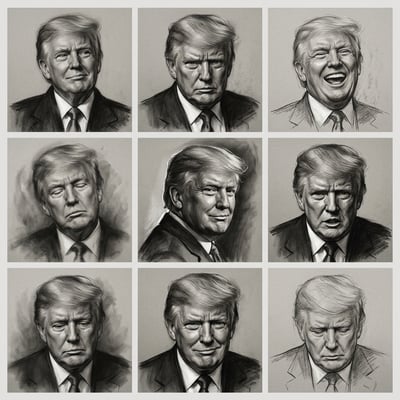 Sketch lineart charcoal smudge portraits of Donald Trump showing various expressions and moods in a grid layout.