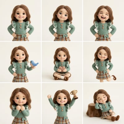 Toy figurine transformation needle felted wool miniature of a girl in various poses and expressions, holding a bird and trophy.