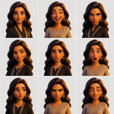 Pixar 3D cartoon middle eastern girl shown with various expressive facial emotions and poses. pixar 3d cartoon girl