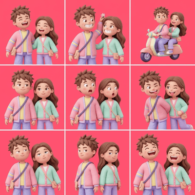Custom cm pastel clay couple illustrations showcase various cute expressions and poses, including riding a scooter.