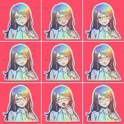 Holographic anime stickers showcase a woman with glasses expressing various emotions, perfect for an AI sticker maker.