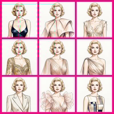 Fashion editorial illustration in haute couture watercolor style of Grace Kelly showcasing elegant gowns and suits.