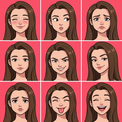 AI cartoon yourself in classic cartoon style showcasing a woman's diverse range of emotions and expressions.
