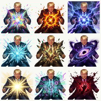 Game asset stylizer moba ability splash portraits of Donald Trump with various elemental and cosmic effects.