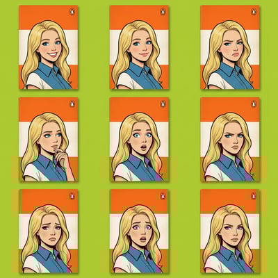 Book cover illustration in vintage Penguin Books style featuring a blonde woman with various expressive emotions.