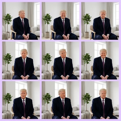 Interior exterior stylizer in Scandinavian minimal style of Donald Trump in a modern living room with different facial expressions.