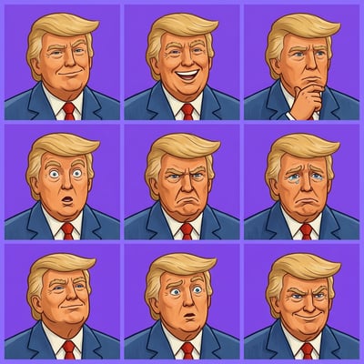 Cartoon style Russian Soyuzmultfilm portraits of Donald Trump displaying various exaggerated emotions on a purple background.