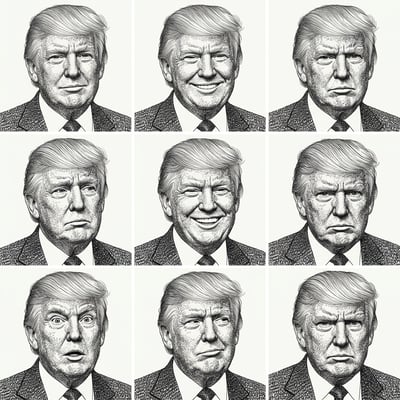 Typographic art calligram portrait of Donald Trump showing nine different facial expressions in a grid, rendered with fine pen strokes. typographic calligram portrait