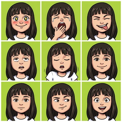 AI cartoon yourself in classic cartoon style shows a girl with nine different expressive faces on a green background.