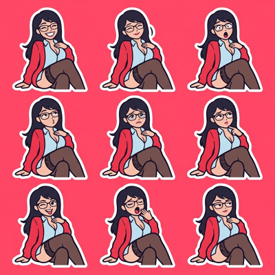 AI sticker maker flat vector collection of a woman in various expressive poses and emotions.