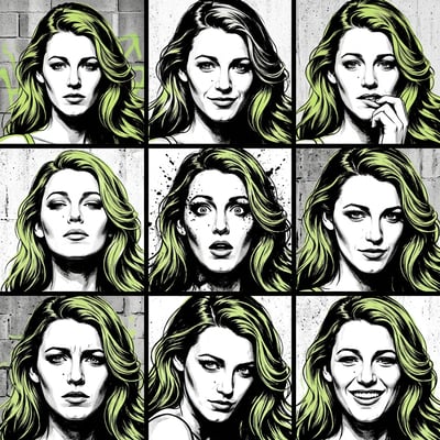 AI art movement brutalist graphic portraits of Blake Lively in various expressive poses with lime green hair.