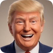 Pixar style ai avatar generator creates a smiling Donald Trump character with blonde hair and a blue suit.