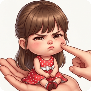 Custom cm chibi character with a grumpy expression sits on a hand, being poked by a finger. cm chibi character on hand