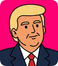 Custom CM doodle vector portrait of Donald Trump in a suit against a bright pink background.