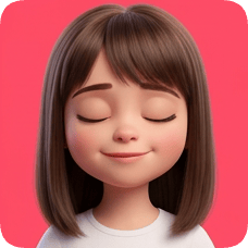 Custom CM Pixar style 3D avatar grid featuring a smiling girl with closed eyes and brown hair on a pink background.