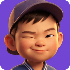 Pixar 3D cartoon boy, an American all-star boy, winks playfully with a mischievous smile and a blue baseball cap. american all star boy