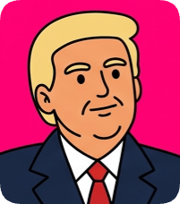 Custom CM doodle vector portrait of Donald Trump in a suit against a vibrant pink background.