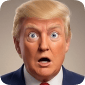 Pixar style ai avatar generator creates a surprised Donald Trump with wide blue eyes and blonde hair.