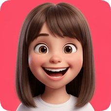 Custom CM Pixar style 3D avatar grid features a smiling cartoon girl with brown hair and big eyes against a pink background.