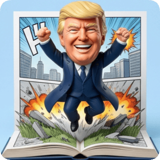 Custom CM manga pop up book featuring a jubilant Donald Trump figure bursting from an action-packed comic scene.
