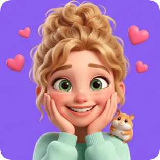 Custom CM Pixar girl sticker sheet featuring a smiling blonde girl with green eyes and a tiny hamster.