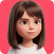 Custom CM Pixar style 3D avatar grid featuring a young girl with brown hair and big eyes against a pink background.
