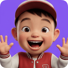 Pixar 3D cartoon boy, an American all-star boy, smiles widely with hands raised in a playful gesture. american all star boy