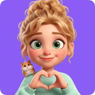 Custom CM Pixar girl sticker sheet features a smiling blonde girl with a hamster on her shoulder making a heart shape with her hands.