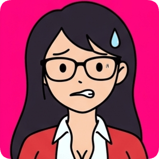 Custom cm doodle vector portrait 2 shows a nervous woman with glasses and dark hair against a bright pink background.