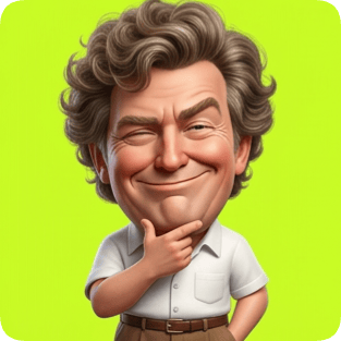 Custom 3D caricature transformation of a man with curly hair winking and smiling against a bright green background. cm 3d caricature transformation