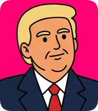 Custom CM doodle vector portrait of Donald Trump in a suit against a bright pink background.