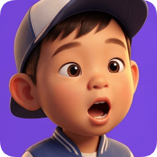 Pixar 3D cartoon boy, an American all-star boy, looks surprised with his mouth open and wearing a baseball cap. american all star boy