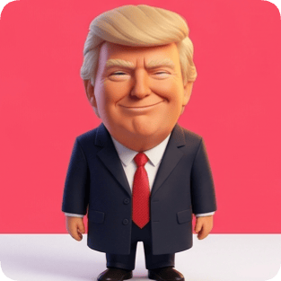 Custom CM Pixar avatar of Donald Trump in a suit and red tie, smiling against a pink background.