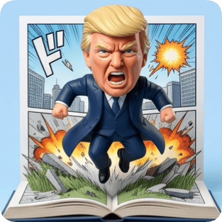 Custom CM manga pop up book featuring an angry Donald Trump figure bursting from an open comic book.