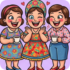 Custom CM Engelbreit folk cartoon of three cheerful women with coffee cups, smiling and winking with hearts above their heads.
