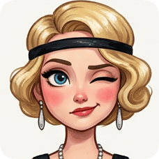 Custom CM Engelbreit deco flapper caricature portrait of a blonde woman winking with blue eyes and red lipstick.