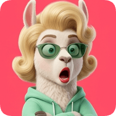 Custom cm llama character with blonde hair, green sunglasses, and a surprised expression, wearing a mint green hoodie.