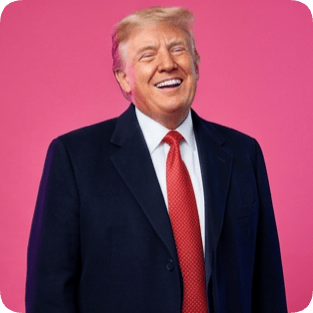 Custom CM artist Spotify portrait of Donald Trump laughing against a vibrant pink background.