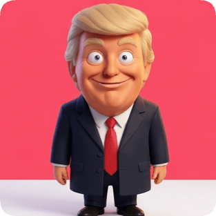 Custom CM Pixar avatar of Donald Trump in a suit and red tie, with a pink background.