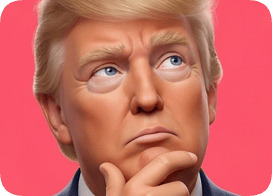 Custom 3D caricature portrait of Donald Trump with a thoughtful expression on a pink background. cm 3d caricature portrait