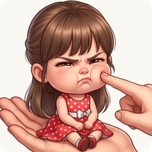 Custom cm chibi character on hand with a grumpy expression being poked on the cheek.