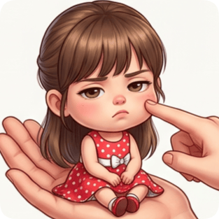 Custom cm chibi character with a grumpy expression sits on a hand, being poked by a finger. cm chibi character on hand