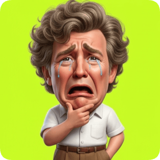 Custom 3D caricature transformation of a man crying with his hand on his chin against a bright green background. cm 3d caricature transformation