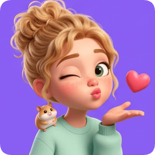 Custom CM Pixar girl sticker sheet featuring a cute girl winking and blowing a kiss with a hamster on her shoulder.