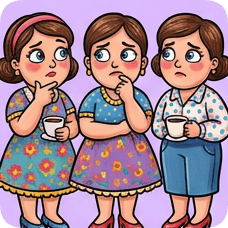Custom CM Engelbreit folk cartoon illustration of three worried women holding coffee cups and looking concerned.