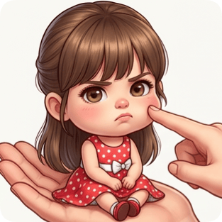 Custom cm chibi character with a grumpy expression sits on a hand, being poked by a finger. cm chibi character on hand