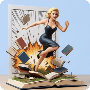 Custom Marilyn Monroe pop up book features a dynamic figure bursting from exploding pages surrounded by flying books. cm naruto pop up book