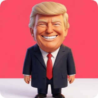 Custom CM Pixar avatar of Donald Trump smiling in a suit against a pink background.